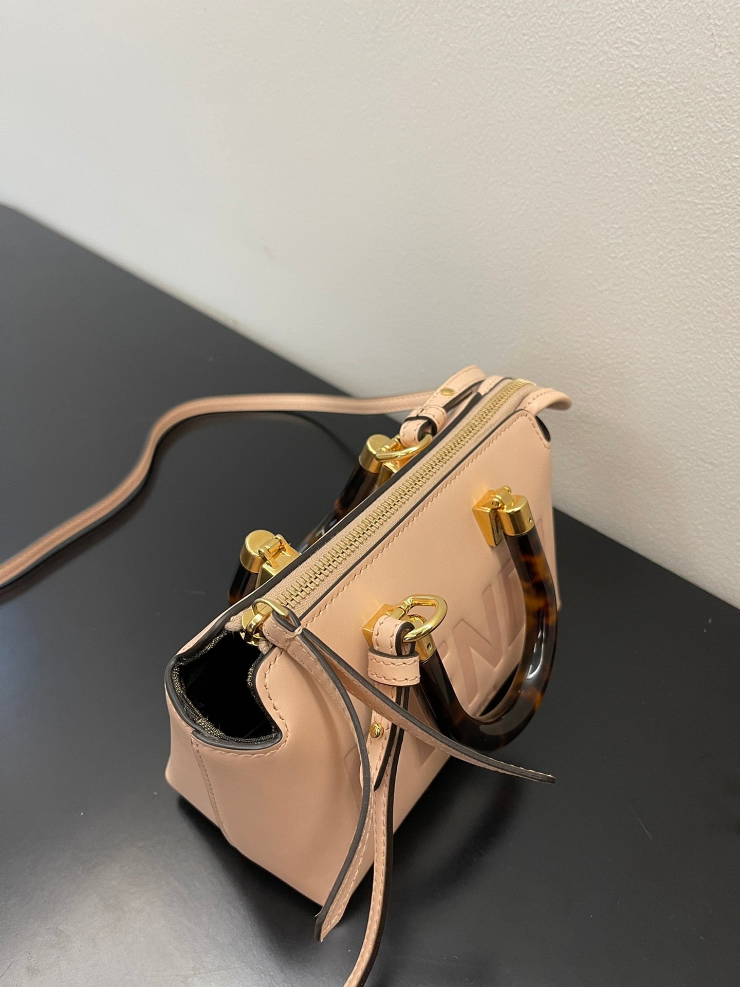 Fendi By The Way Mini Boston Bag - Beige Leather with Tortoiseshell Handles