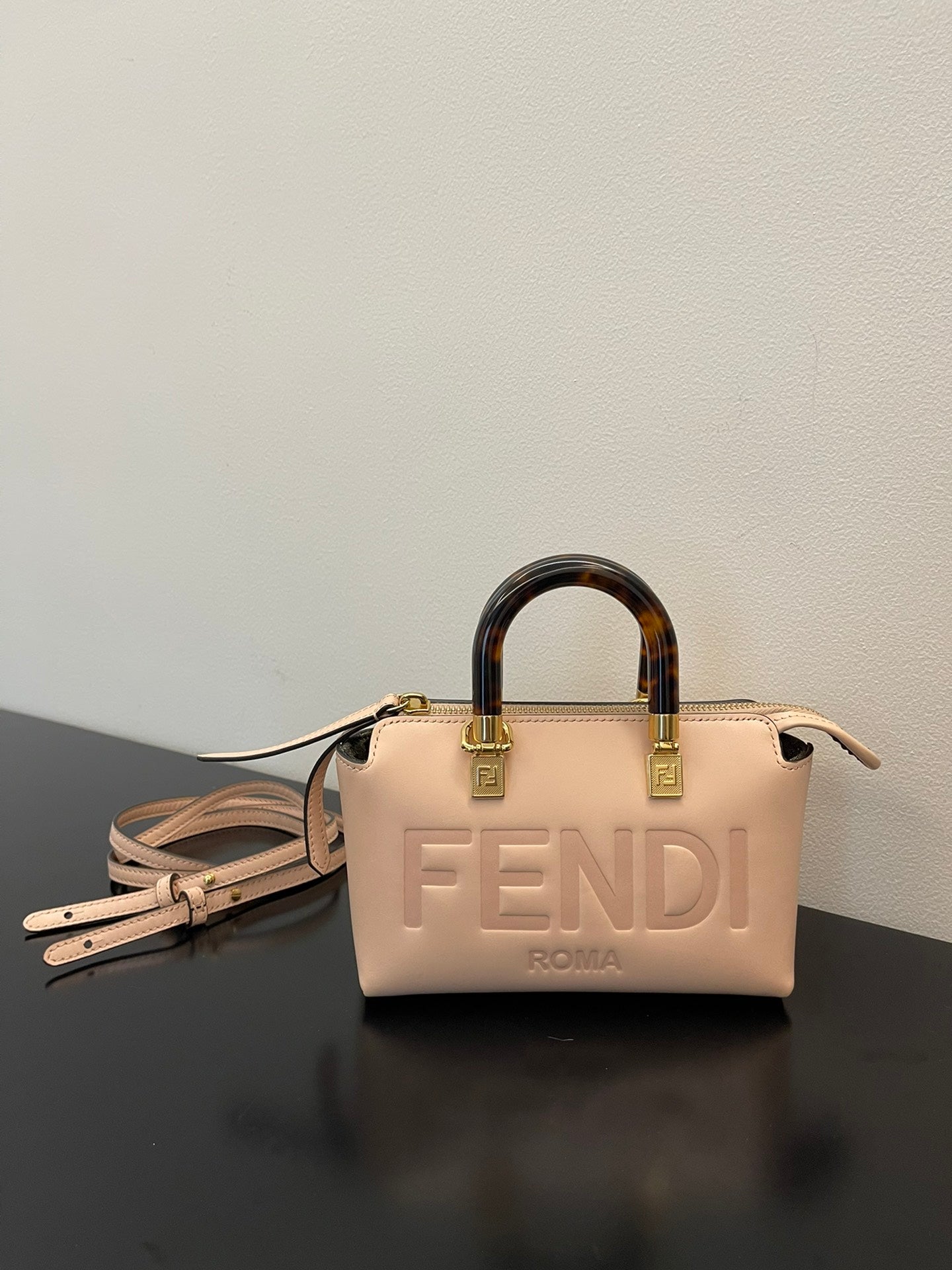 Fendi By The Way Mini Boston Bag - Beige Leather with Tortoiseshell Handles