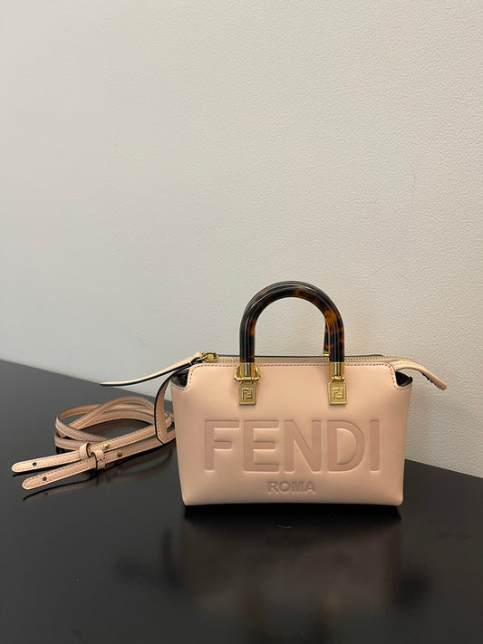 Fendi By The Way Mini Boston Bag - Beige Leather with Tortoiseshell Handles