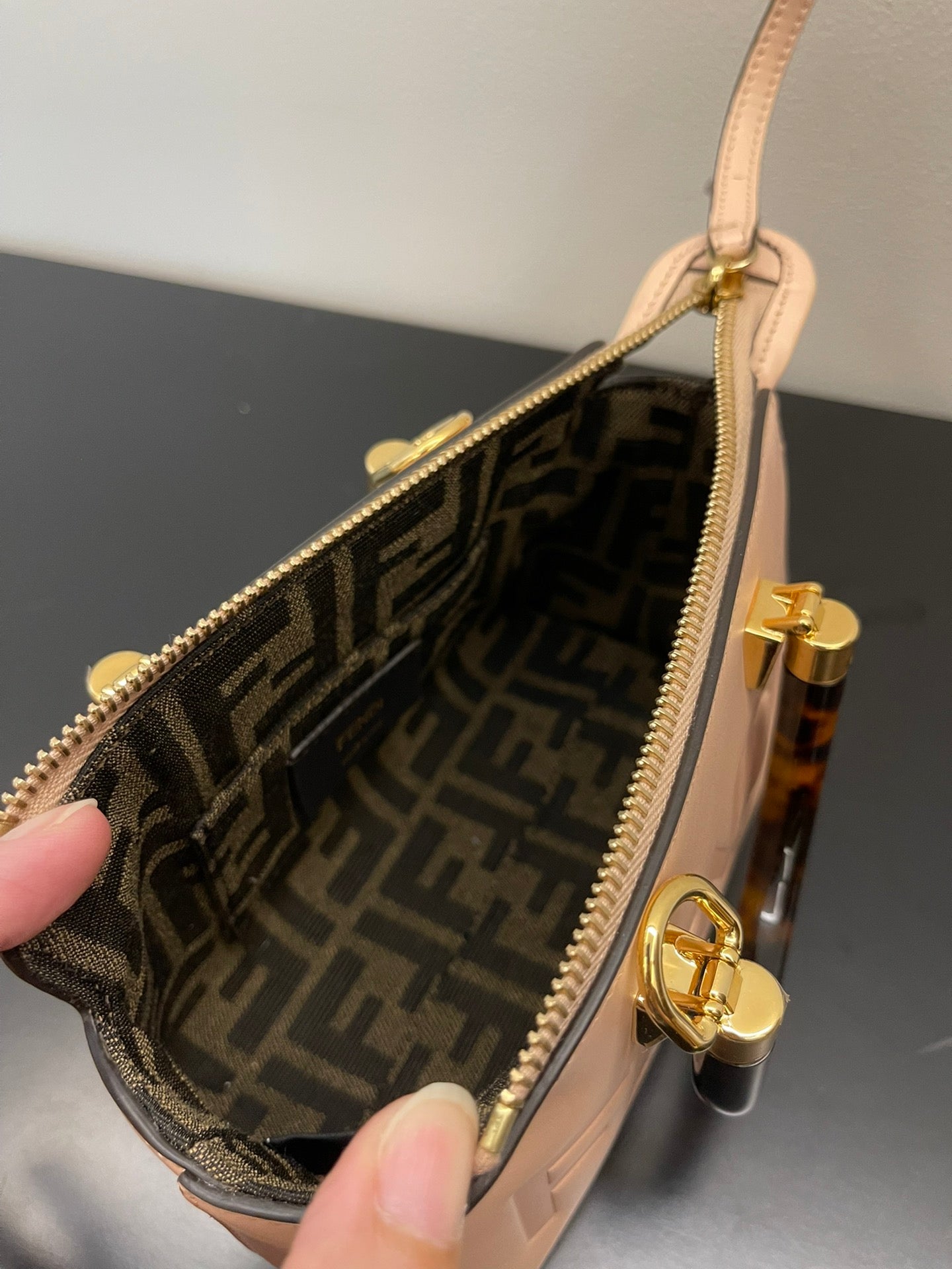 Fendi By The Way Mini Boston Bag - Beige Leather with Tortoiseshell Handles