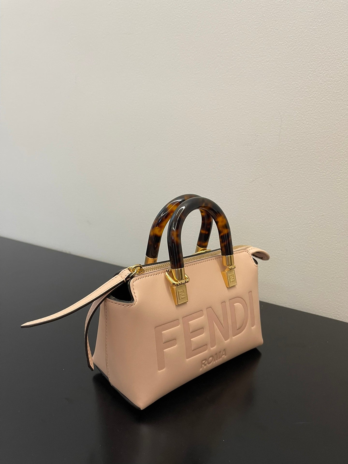 Fendi By The Way Mini Boston Bag - Beige Leather with Tortoiseshell Handles