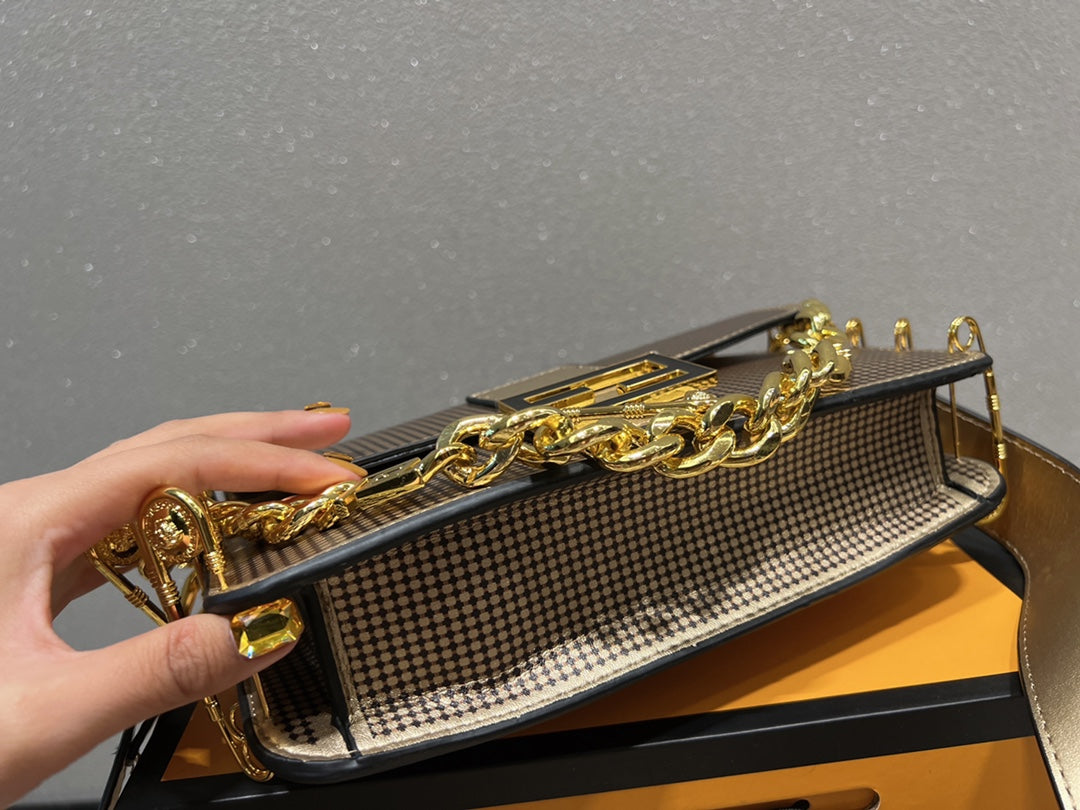 Fendi Metallic Silver Baguette Bag with Gold Chain and Safety Pin Detail