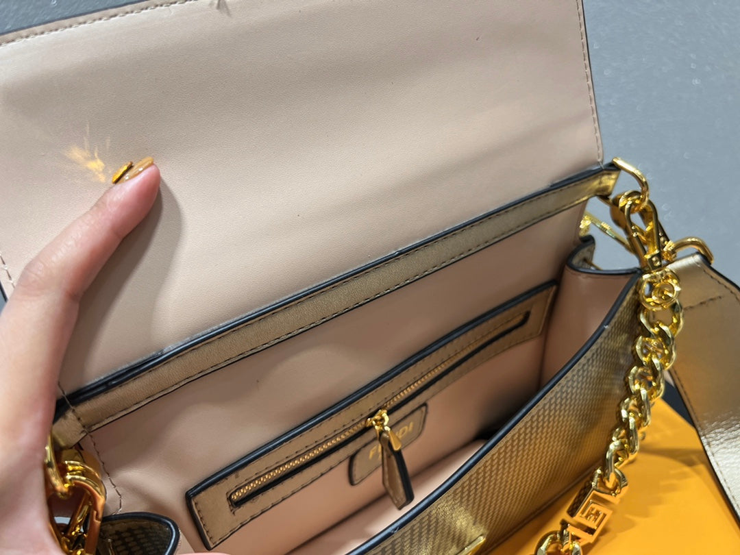 Fendi Metallic Silver Baguette Bag with Gold Chain and Safety Pin Detail