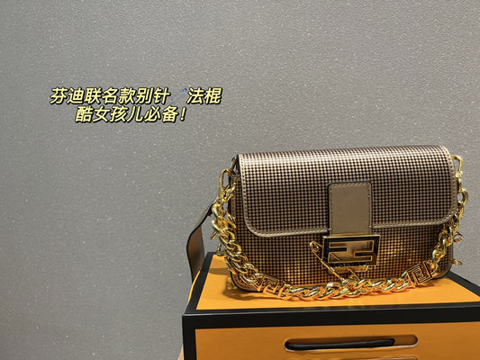Fendi Metallic Silver Baguette Bag with Gold Chain and Safety Pin Detail