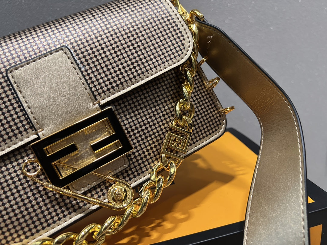 Fendace Gold-Tone Ribbed Baguette Shoulder Bag with Safety Pin Clasp