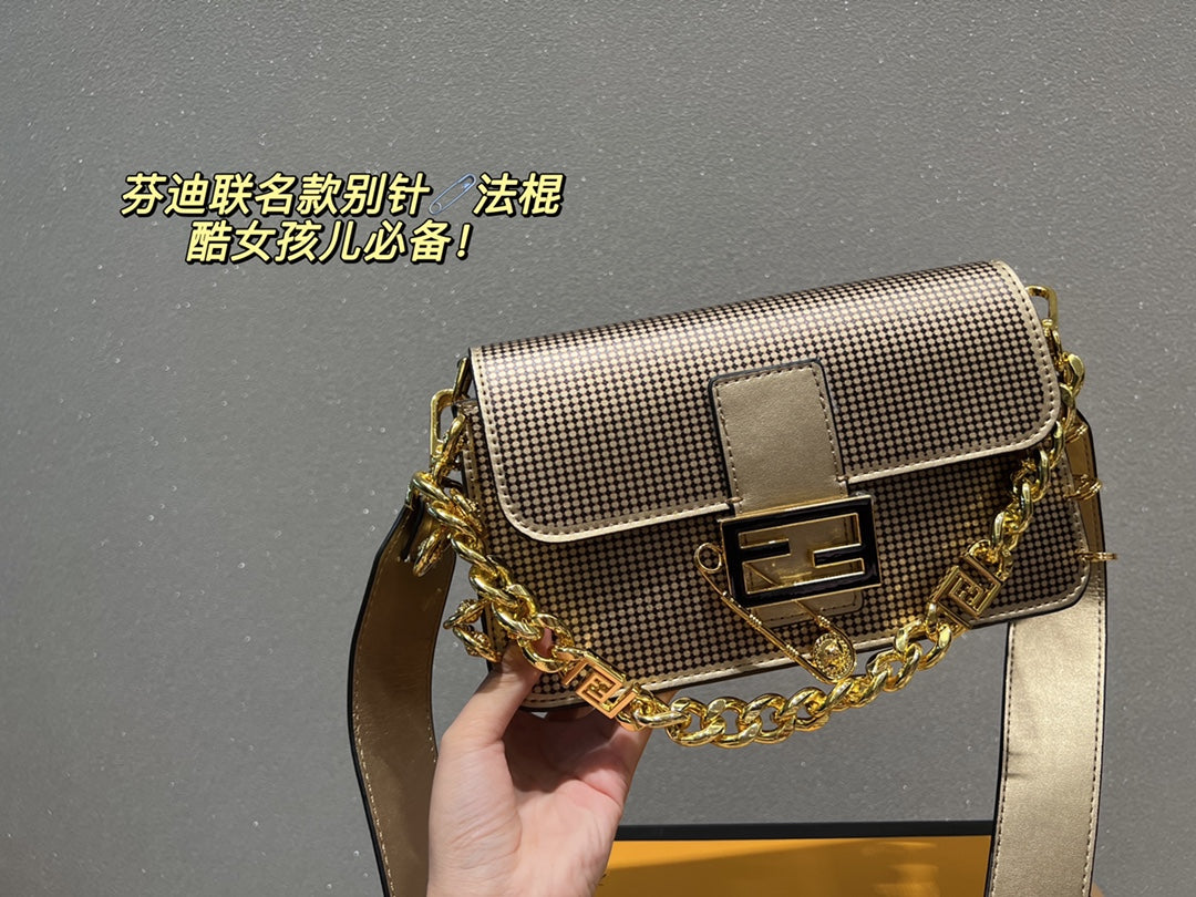 Fendace Gold-Tone Ribbed Baguette Shoulder Bag with Safety Pin Clasp