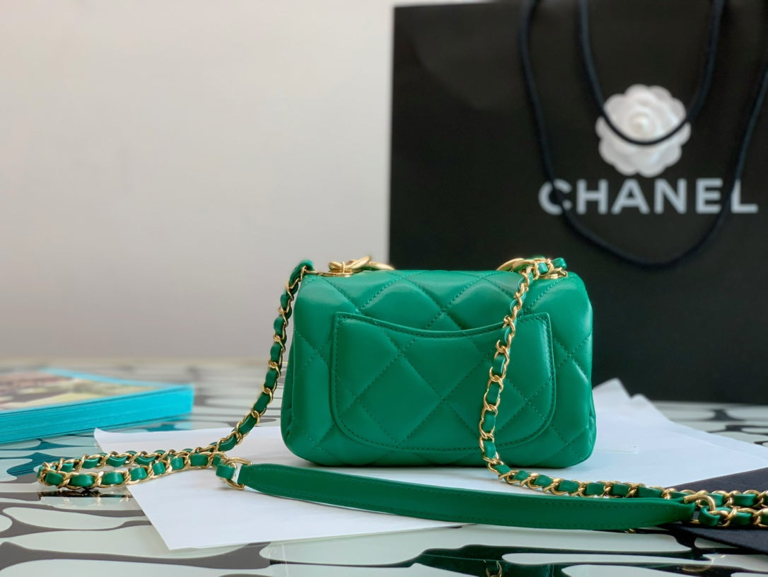Chanel Green Quilted Mini Flap Bag with Gold-Tone Chunky Chain Handle