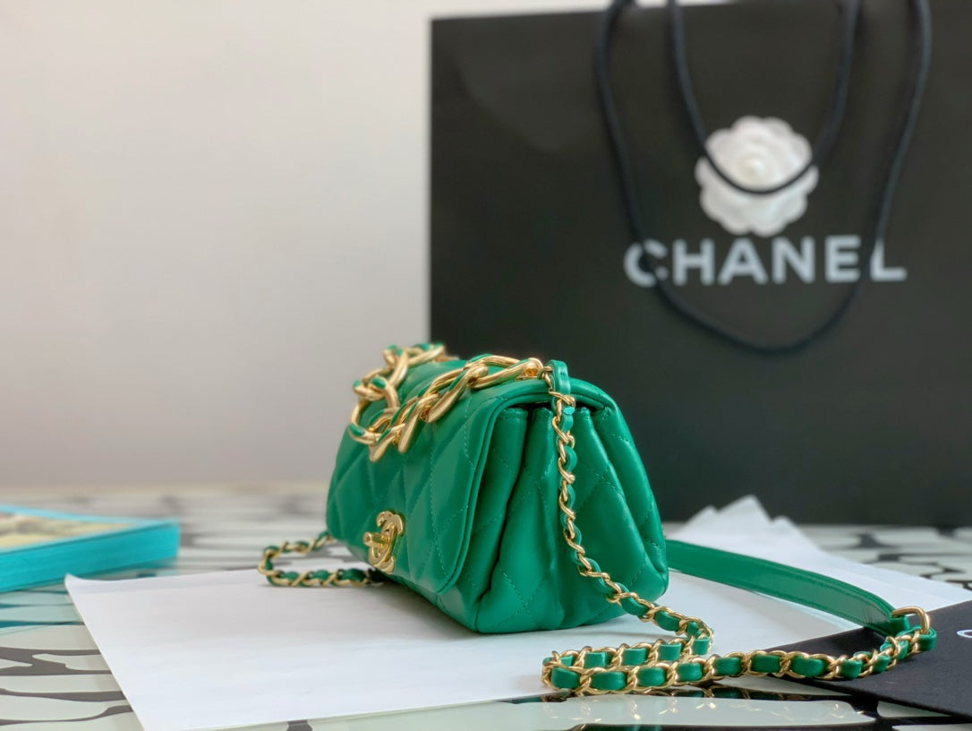 Chanel Green Quilted Mini Flap Bag with Gold-Tone Chunky Chain Handle