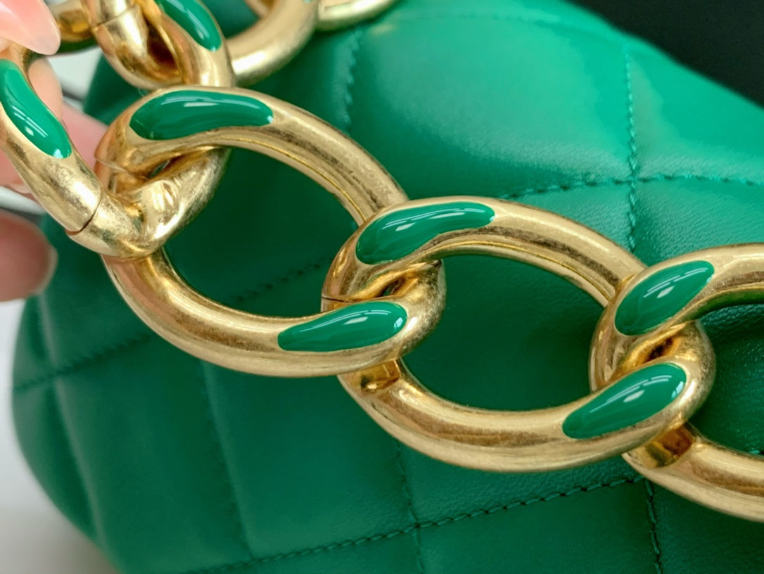 Chanel Green Quilted Mini Flap Bag with Gold-Tone Chunky Chain Handle