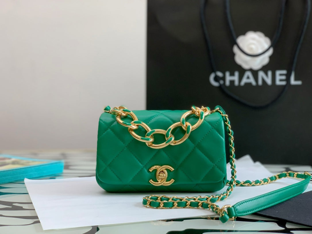 Chanel Green Quilted Mini Flap Bag with Gold-Tone Chunky Chain Handle