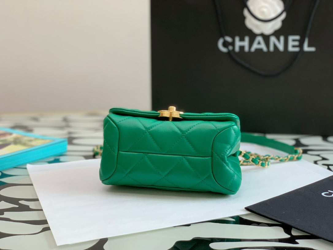 Chanel Green Quilted Mini Flap Bag with Gold-Tone Chunky Chain Handle