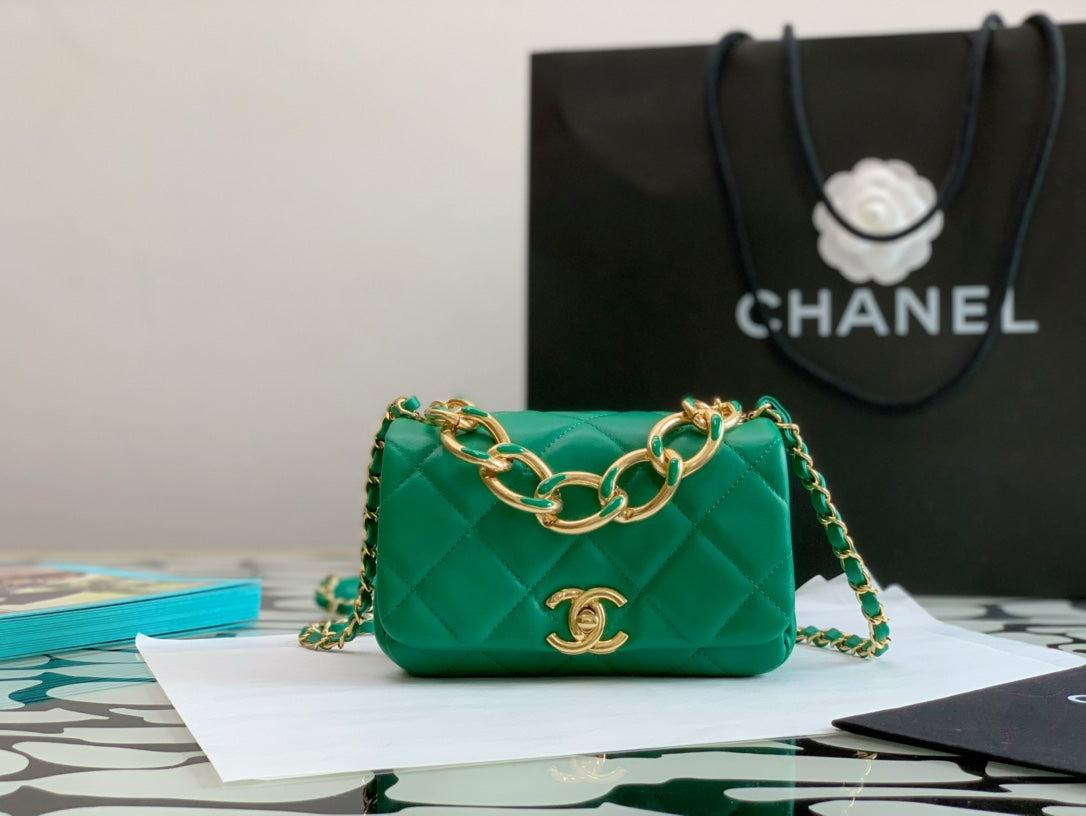 Chanel Green Quilted Mini Flap Bag with Gold-Tone Chunky Chain Handle