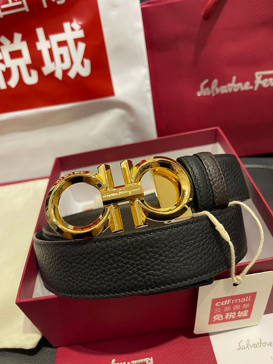 Salvatore Ferragamo Men's Gancini Reversible Leather Belt, Black with Gold-Tone Buckle
