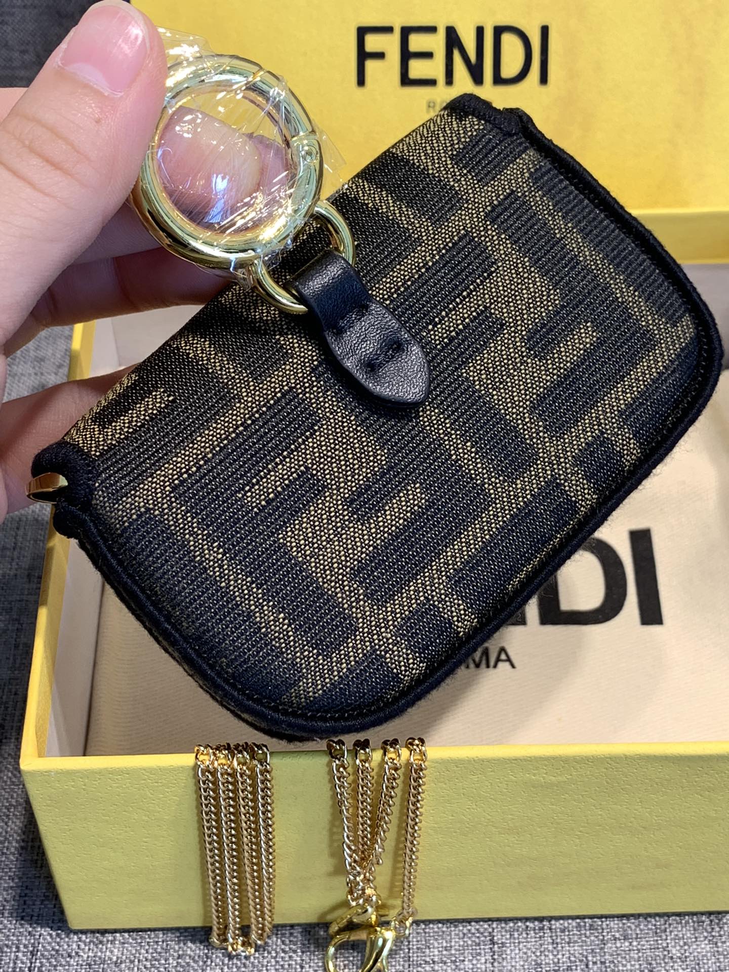 Fendi FF Monogram Mini Baguette Bag with Gold Chain Strap