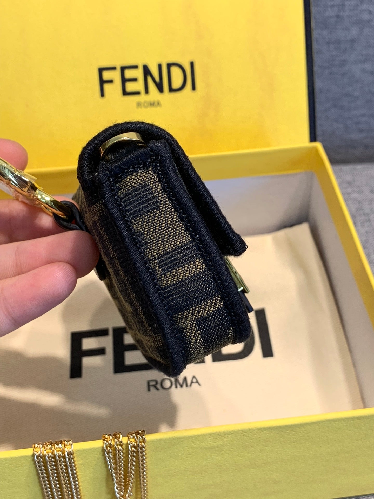 Fendi FF Monogram Mini Baguette Bag with Gold Chain Strap