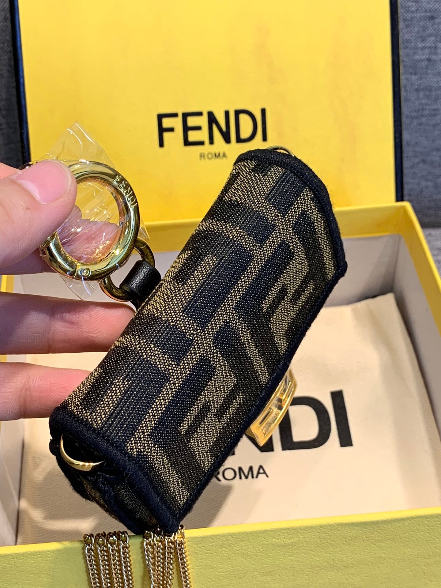 Fendi FF Monogram Mini Baguette Bag with Gold Chain Strap