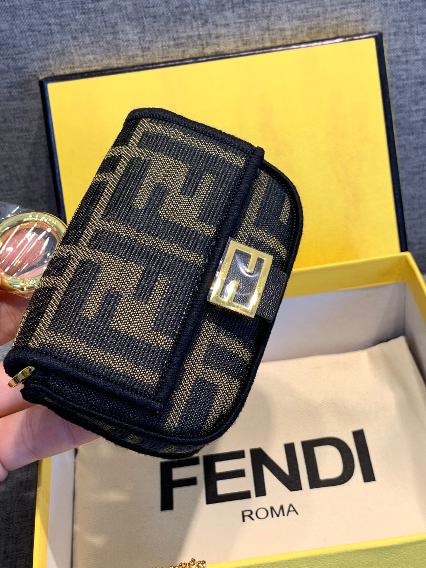 Fendi FF Monogram Mini Baguette Bag with Gold Chain Strap