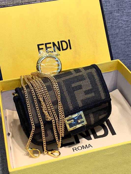 Fendi FF Monogram Mini Baguette Bag with Gold Chain Strap