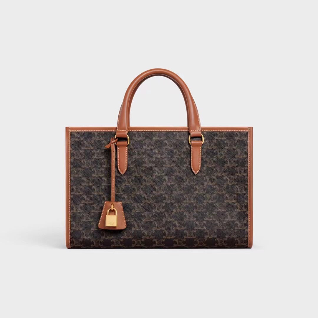 Celine Horizontal Cabas Triomphe Canvas with Calfskin - Tan/White