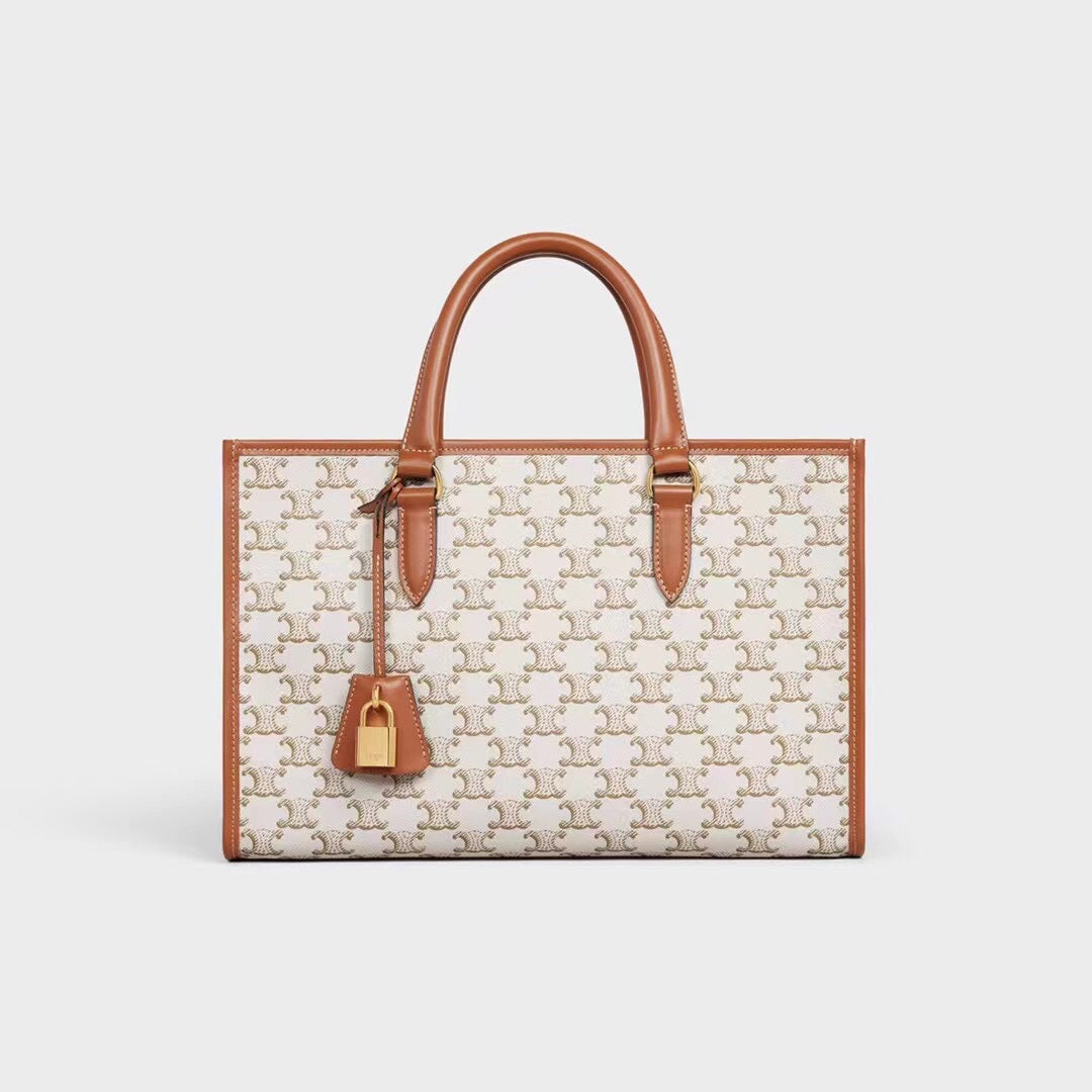 Celine Horizontal Cabas Triomphe Canvas with Calfskin - Tan/White