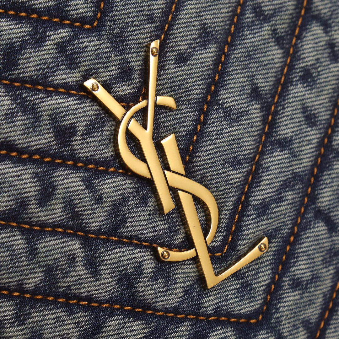 Saint Laurent Quilted Denim Bag with Gold YSL Monogram Logo