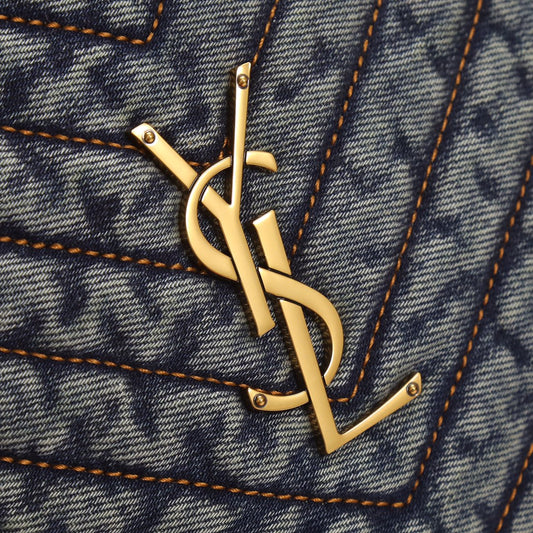 Saint Laurent Quilted Denim Bag with Gold YSL Monogram Logo