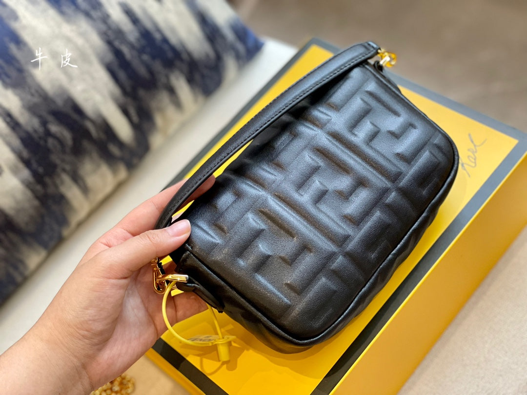 Fendi Baguette Black Embossed Leather Shoulder Bag with Gold Hardware