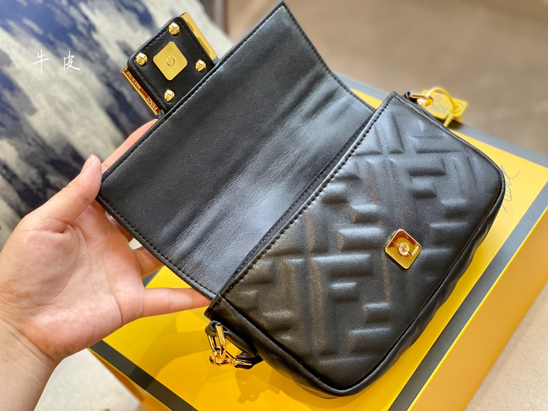 Fendi Baguette Bag - Black Nappa Leather with Embossed FF Motif and Gold Hardware