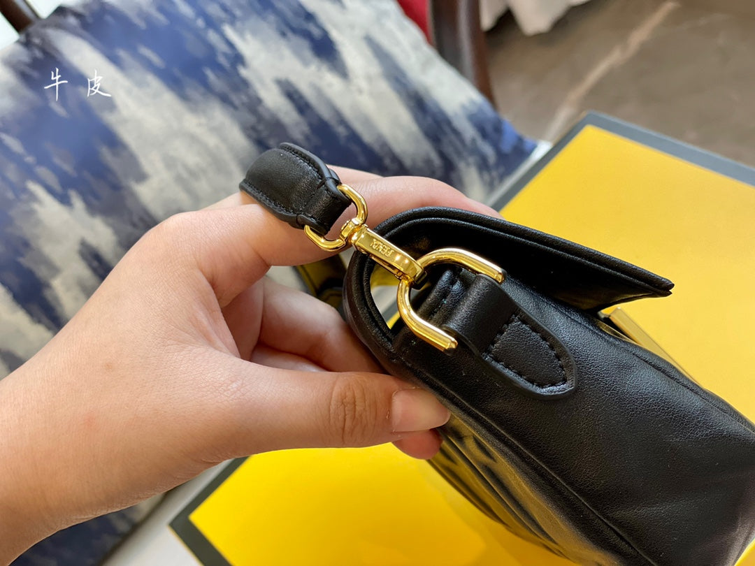 Fendi Baguette Black Embossed Leather Shoulder Bag with Gold Hardware