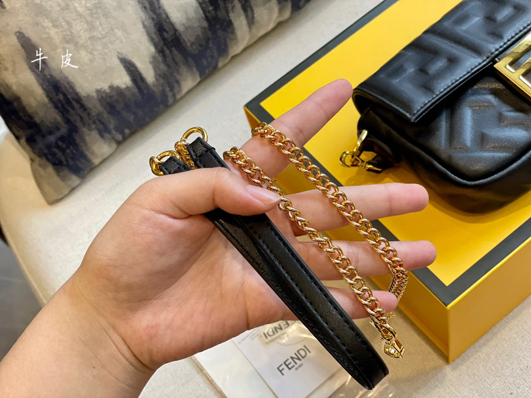 Fendi Baguette Bag - Black Nappa Leather with Embossed FF Motif and Gold Hardware