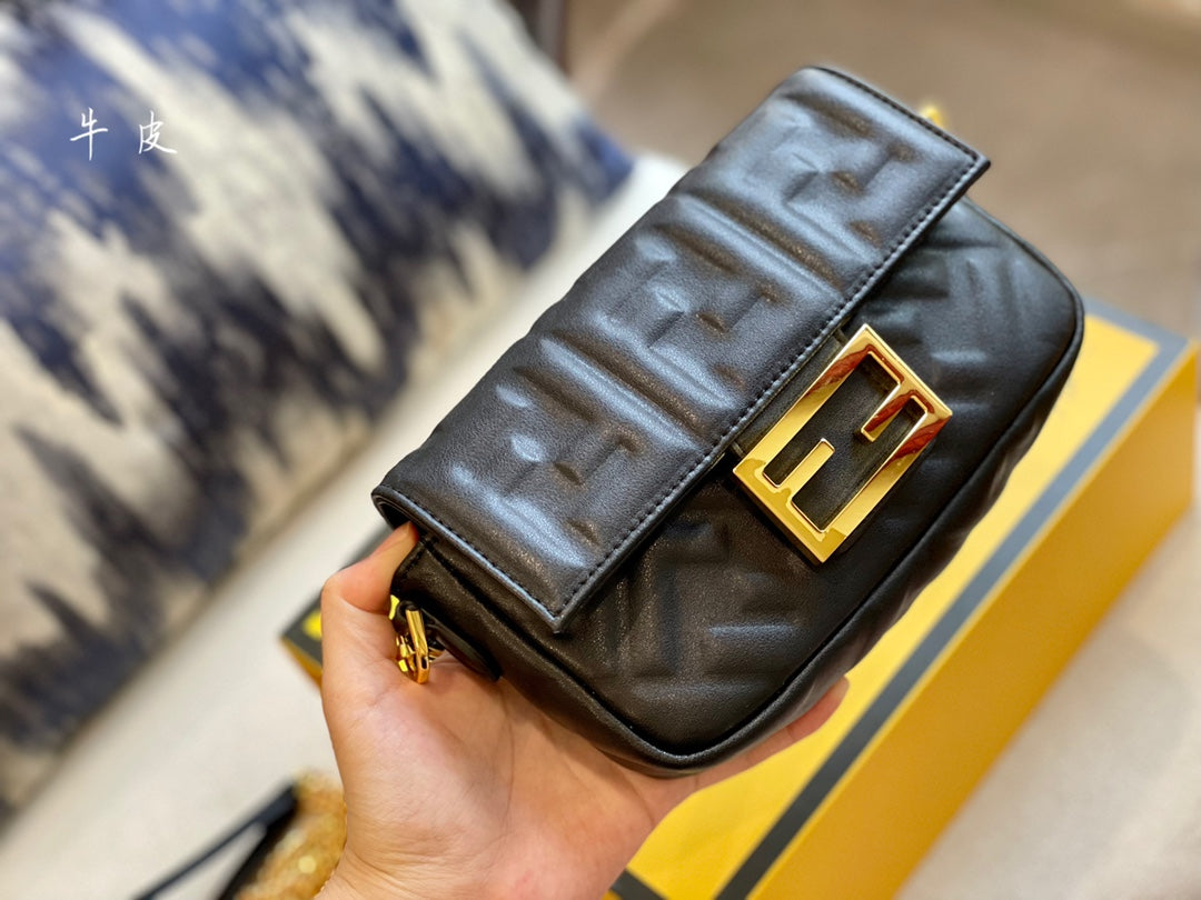 Fendi Baguette Black Embossed Leather Shoulder Bag with Gold Hardware
