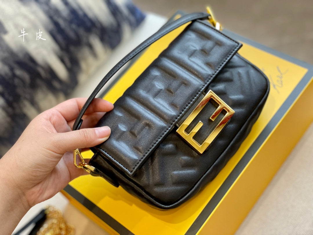 Fendi Baguette Bag - Black Nappa Leather with Embossed FF Motif and Gold Hardware
