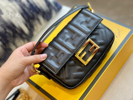 Fendi Baguette Bag - Black Nappa Leather with Embossed FF Motif and Gold Hardware
