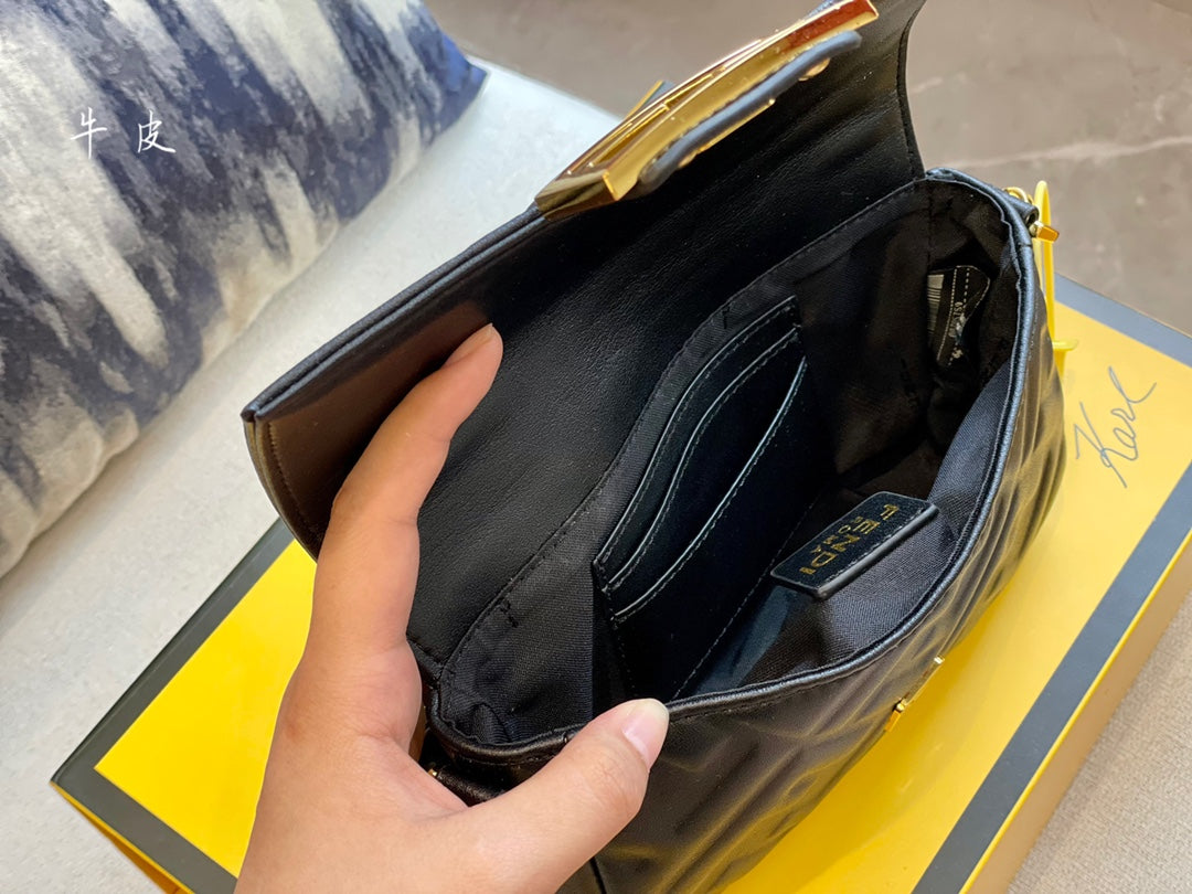 Fendi Baguette Black Embossed Leather Shoulder Bag with Gold Hardware