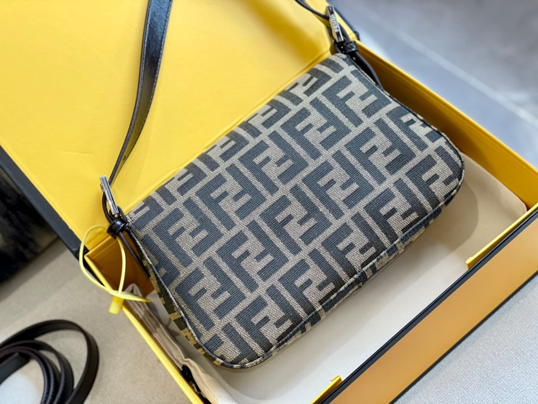 Fendi Baguette Zucca Canvas Shoulder Bag with Leather Trim