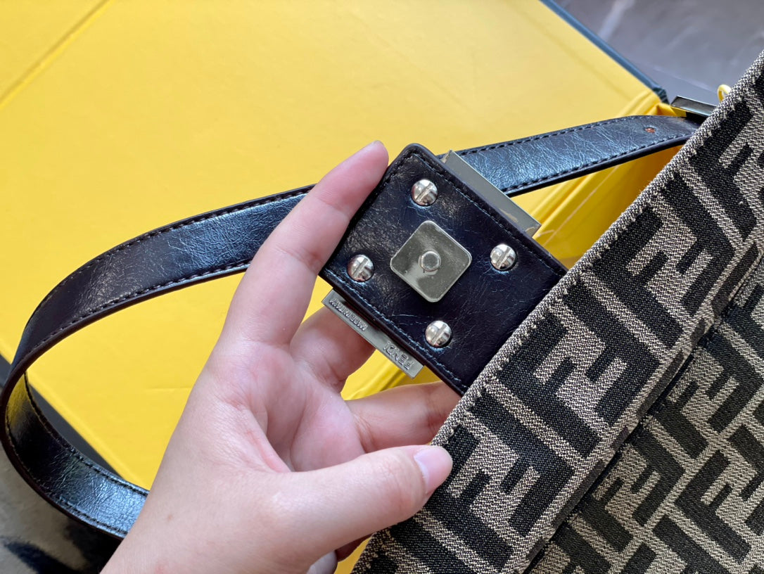 Fendi Baguette Zucca Canvas Shoulder Bag with Leather Trim