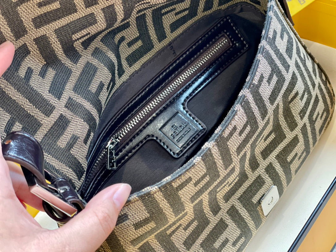 Fendi Baguette Zucca Canvas Shoulder Bag with Leather Trim