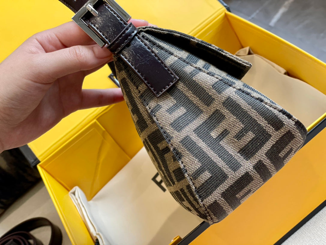 Fendi Baguette Zucca Canvas Shoulder Bag with Leather Trim