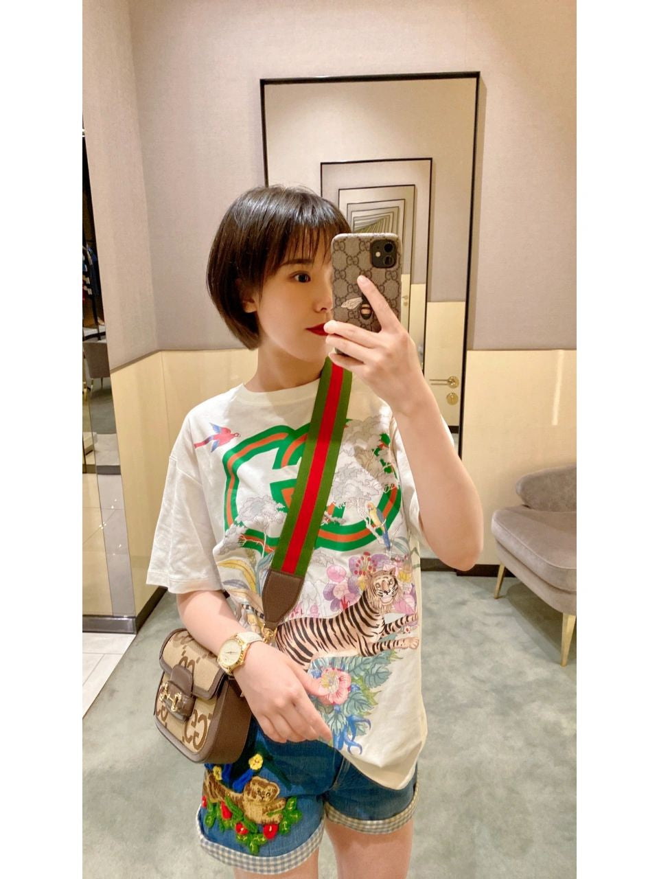 Women's Graphic Logo T-Shirt - Floral & Tiger Print - White Casual Cotton Tee
