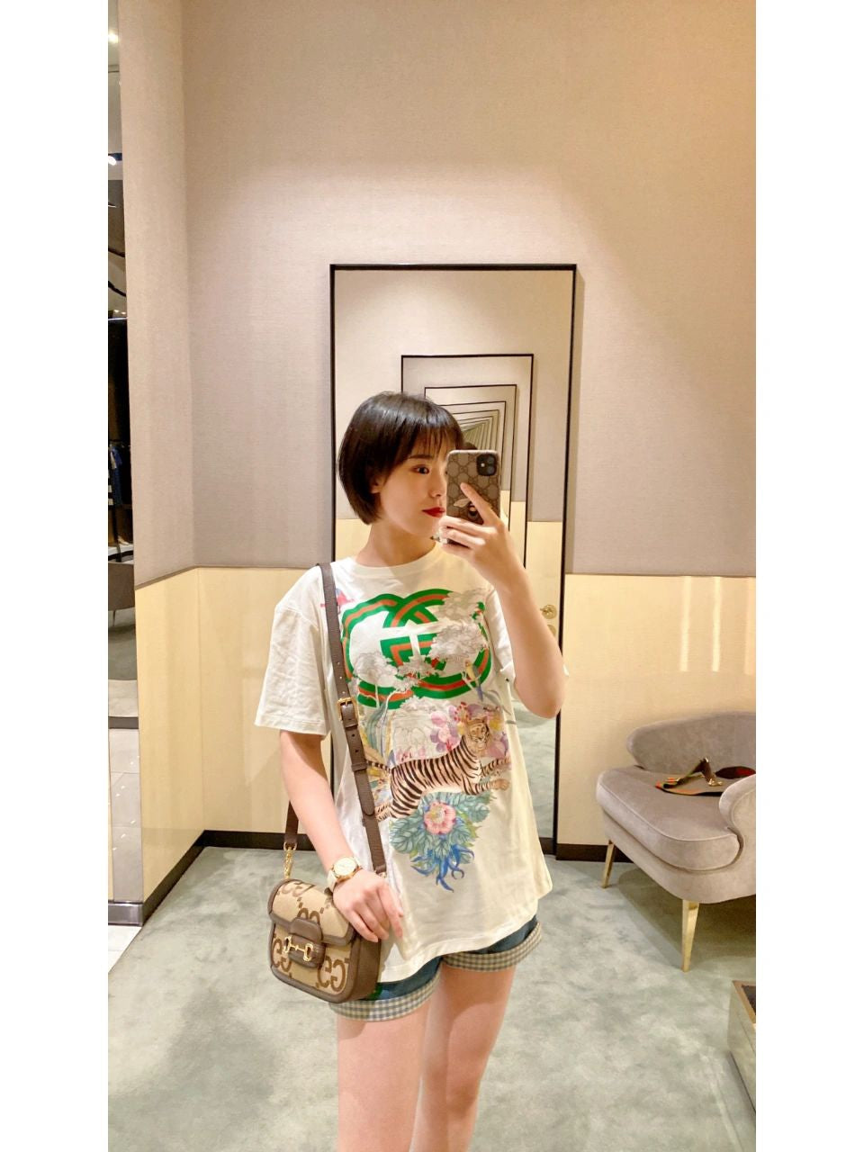Women's Graphic Logo T-Shirt - Floral & Tiger Print - White Casual Cotton Tee
