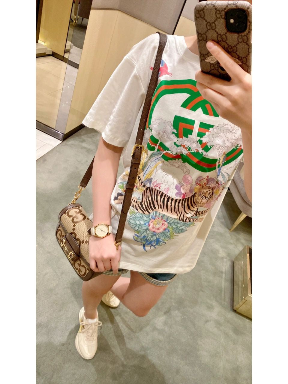 Women's Graphic Logo T-Shirt - Floral & Tiger Print - White Casual Cotton Tee