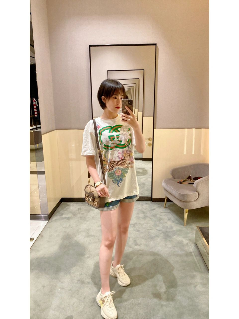 Women's Graphic Logo T-Shirt - Floral & Tiger Print - White Casual Cotton Tee