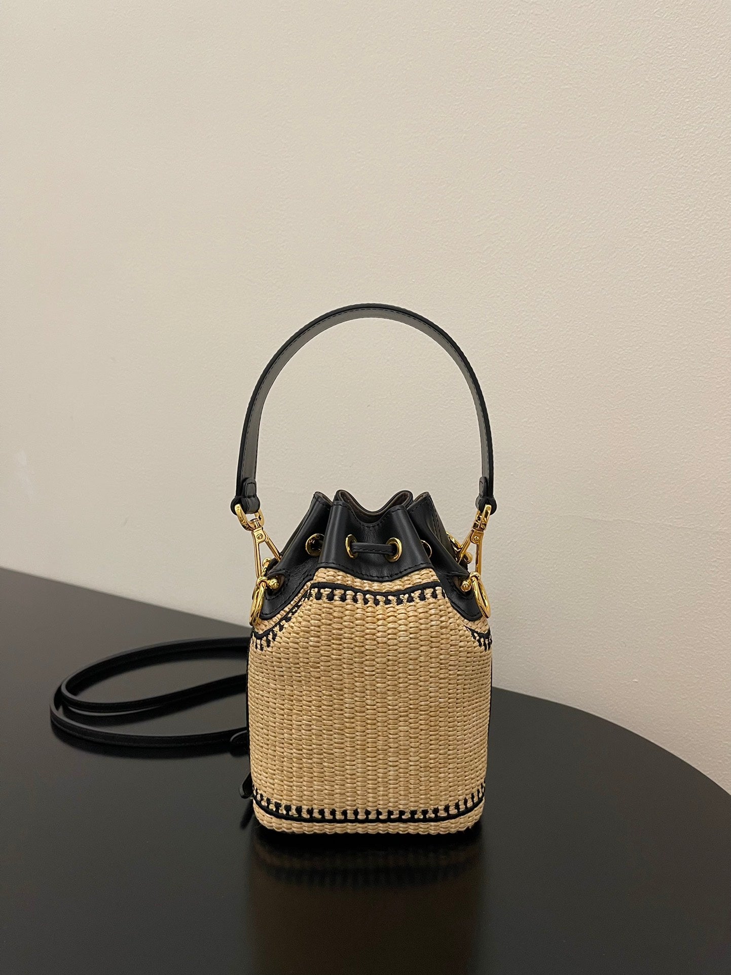 Fendi Mon Tresor Mini Raffia Bucket Bag - Natural and Black Woven Straw Crossbody
