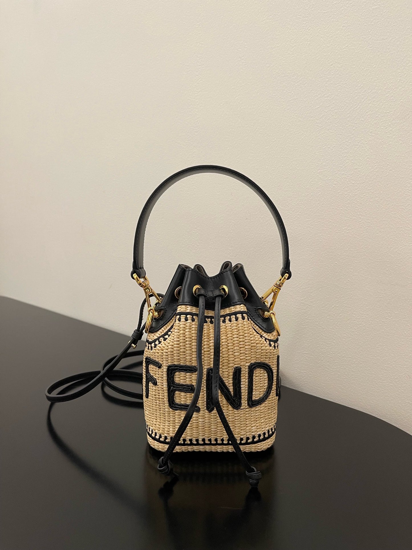 Fendi Mon Tresor Mini Raffia Bucket Bag - Natural and Black Woven Straw Crossbody