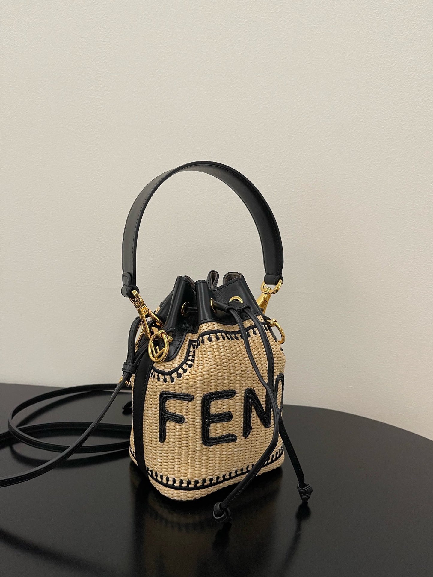 Fendi Mon Tresor Mini Raffia Bucket Bag - Natural and Black Woven Straw Crossbody