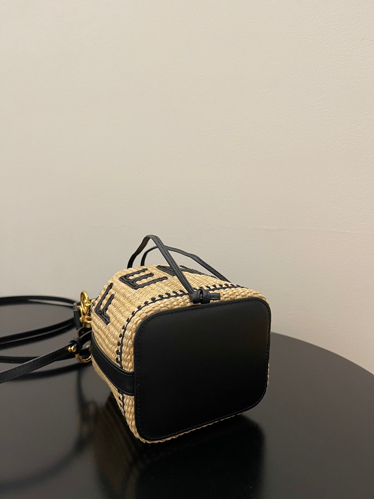 Fendi Mon Tresor Mini Raffia Bucket Bag - Natural and Black Woven Straw Crossbody