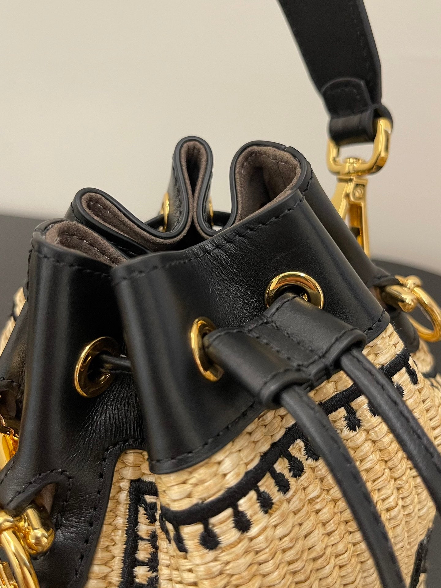 Fendi Mon Tresor Mini Raffia Bucket Bag - Natural and Black Woven Straw Crossbody