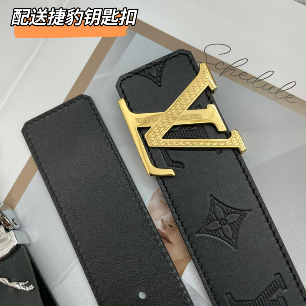Louis Vuitton Men's LV Initiales 40mm Belt Black Monogram Shadow Embossed Leather Gold Buckle