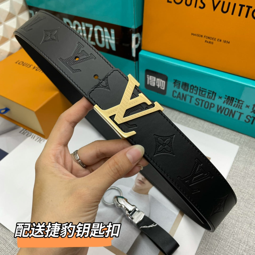 Louis Vuitton Men's LV Initiales 40mm Belt Black Monogram Shadow Embossed Leather Gold Buckle