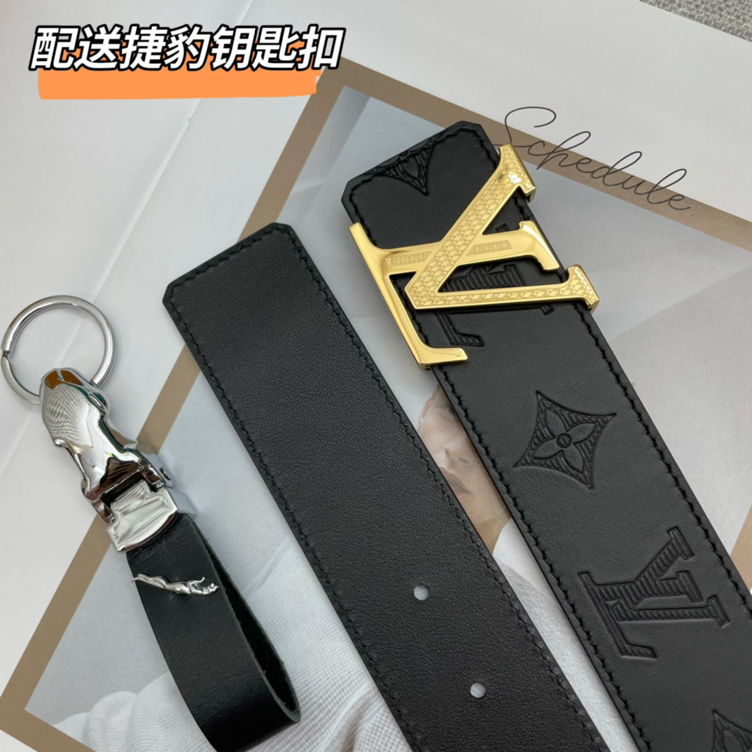 Louis Vuitton Men's LV Initiales 40mm Belt Black Monogram Shadow Embossed Leather Gold Buckle